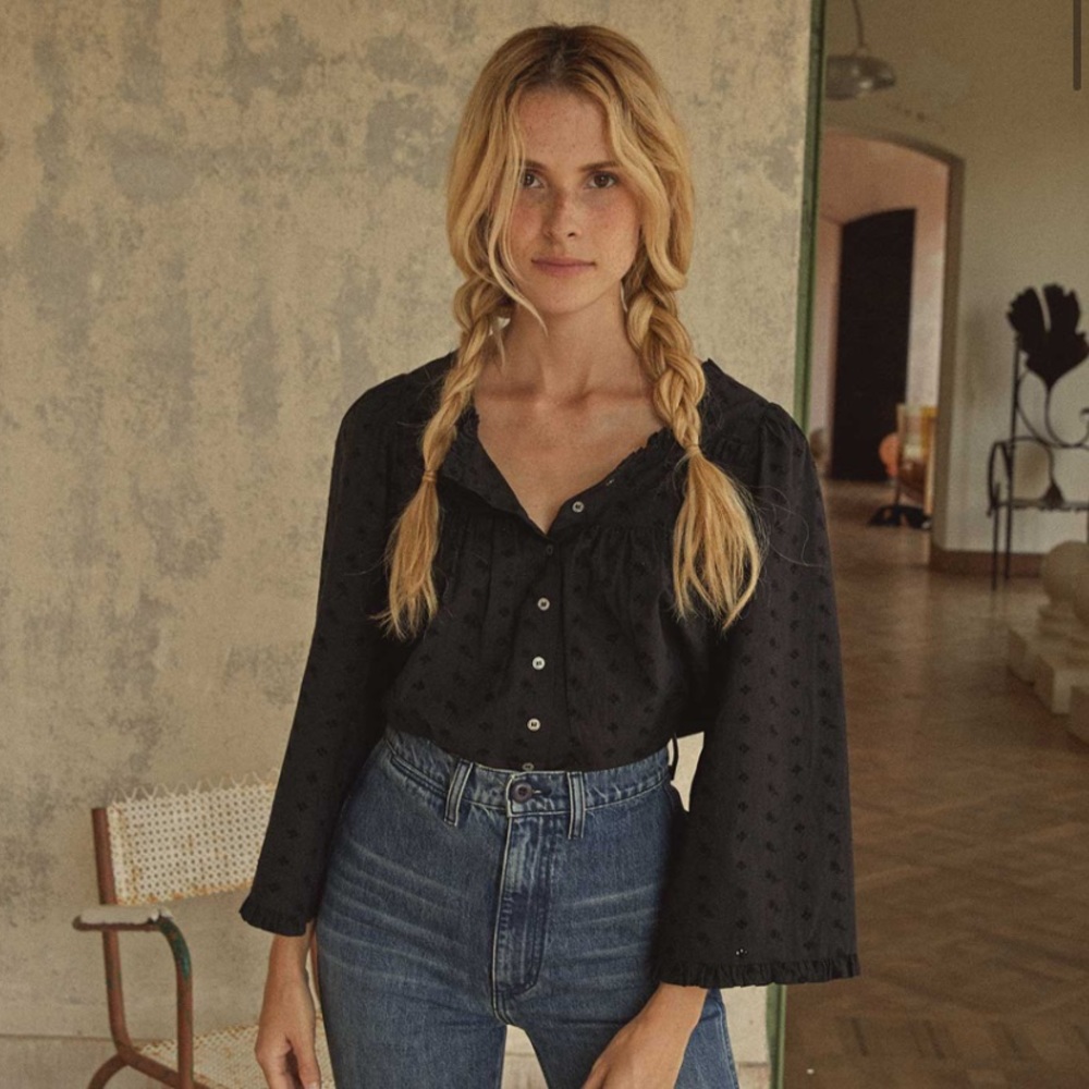 Doen Cotton Wide Sleeved Lunaria Top Black Floral Eyelet